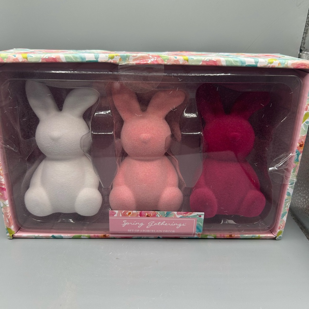 Spring Gatherings Flocked Easter Bunny Figurine Set Home Decor NEW